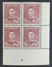 Australia. GVI. 1937/48 1 1/2d PERF PIP corner block of 4 - MUH. SG 166.