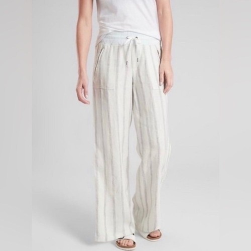Athleta Cabo Tide 100% Linen Striped Wide Leg Pants White Gray Size 0