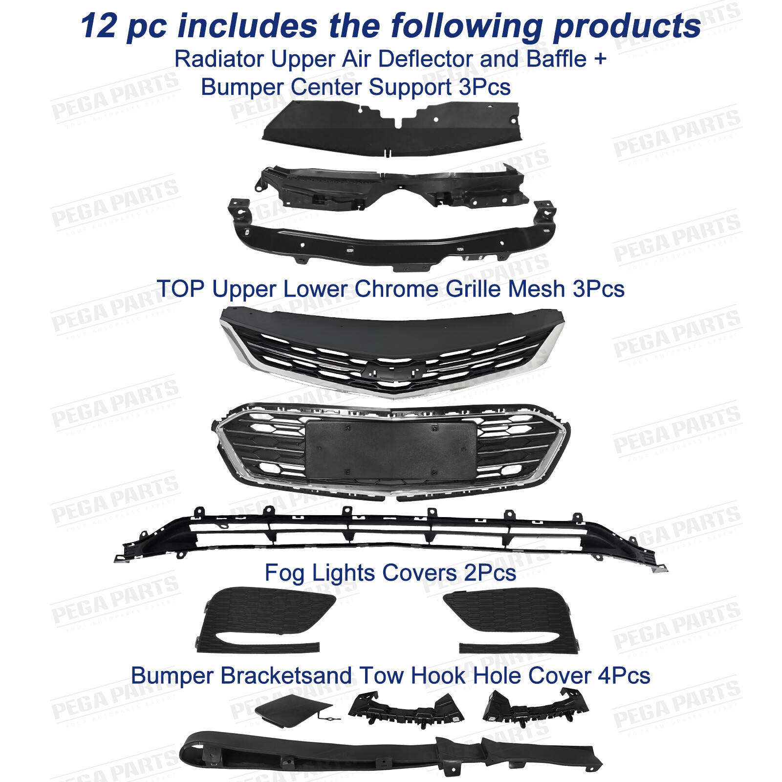 Front Bumper Cover Upper Lower Grille Grill For 2016-2018 Chevrolet Chevy Cruze