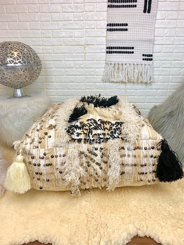 Moroccan Pouf Handira Vintage Berber Wedding Blanket Floor Pillow Sequins - Picture 2 of 12
