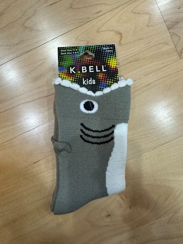 K. Bell Kids Shark Socks, Gray, Shoe Size 11-4, Sock Size 7-8.5, 1 Pair