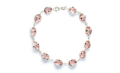 Solid 925 Sterling Silver 10MM Pink Crystal Evil Eye Charm Bracelet - 7.5''