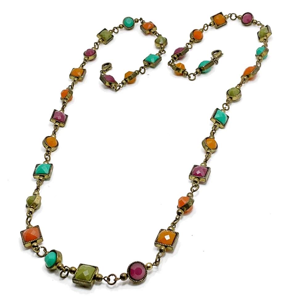 Collar Premier Designs 34" Tono Joya Bronce Púrpura Verde Naranja Bisel Cuentas Foto 2 de 4