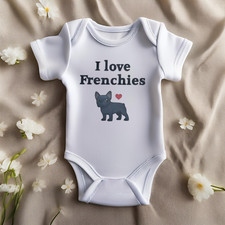 Personalised unisex I love Frenchies dog babygrow baby clothing French bulldog