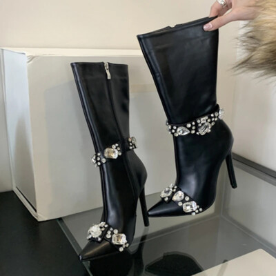 Women Crystal Long Boots Autumn Winter Zip Ankle Boots Pointed Toe High Heels