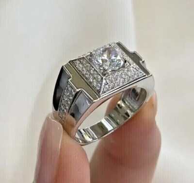 Men's Stunning Band Ring Round Cut Simulated Diamond In 14K White Gold Plated