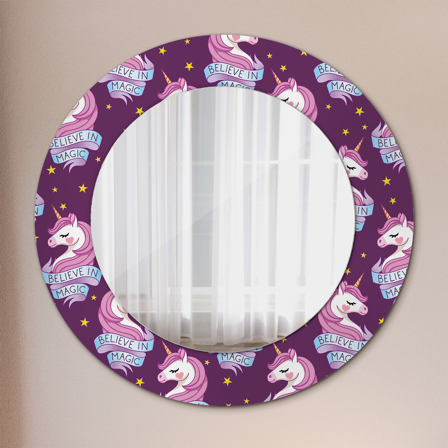 Specchio rotondo con decoro unicorno e stelle