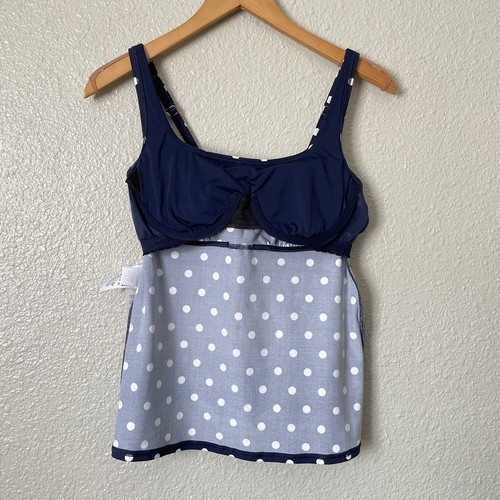 Lands End Sz 6 Navy Blue Polka Dots Underwire Padded Squareneck Tankini Top - Picture 6 of 11