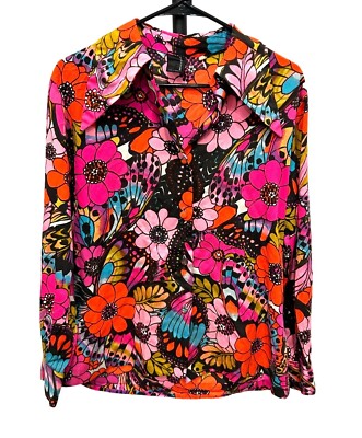 Vintage 1970s Jodi Stevens California Floral Butterfly Psychedelic Blouse