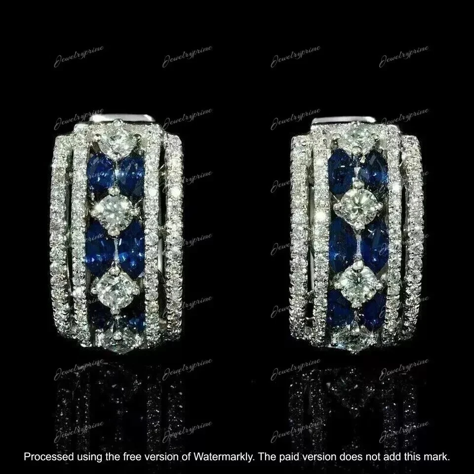 3CT Round Cut Lab Created Blue Sapphire Women's Hoop Earring 14K White Gold Over - Image 2 of 3