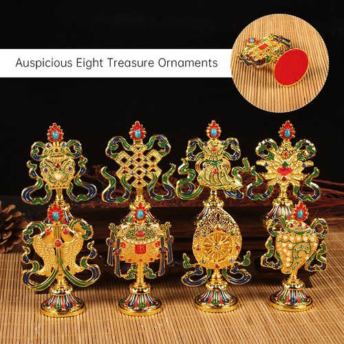 8 Pcs Painted Tibetan Engraved Eight Treasures Auspicious Statue Buddhism - Picture 2 of 10