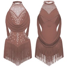 Girls Dance Dress Tassel Figure Ice Skating Bodysuit Latin Jazz Skirted Leotard
