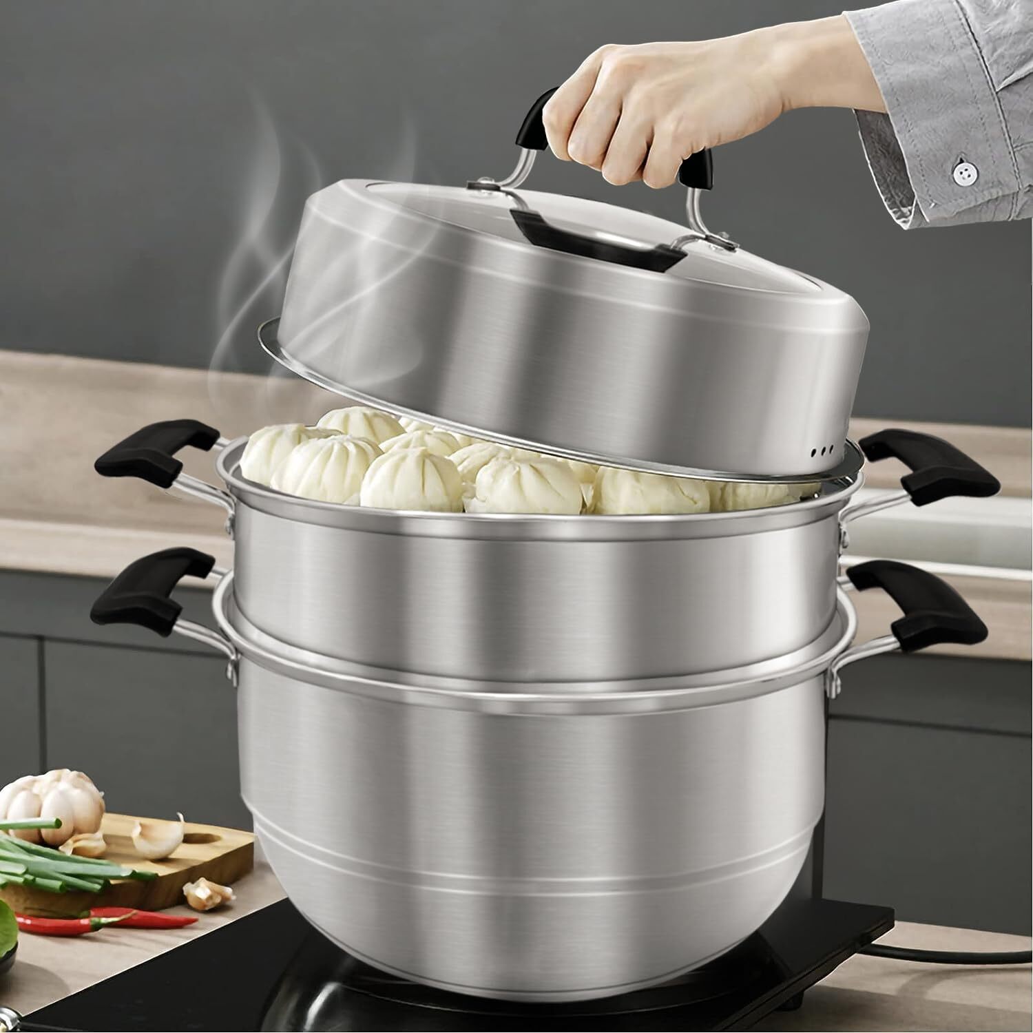 Steamer Pot for Cooking 11.8 inch Steam Pots with Lid 2-tier Stainless Steel ...-image