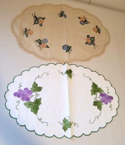 Vintage Embroidered Oval Doilies x 2 - 1 x white, 1 x Beige 40cm long approx. - Picture 1 of 3