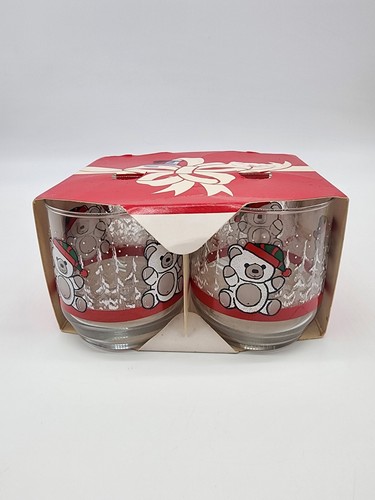 Vintage Libby Holiday Drinking Rocks Christmas White Teddy Bear set of 4 USA NOS - Picture 2 of 7