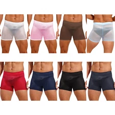 Mens Satin Silky Underwear See Through Stretchy Boxer Shorts Low Rise Sleepsuit