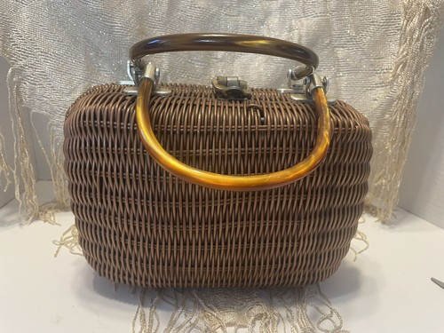 Vintage Lesco Lona Woven Vinyl Wicker Brown Purse Tortoise Look Handles - Picture 1 of 9