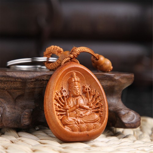1PC Carved Wood Buddhism Buddha Statue Keychain Keyring Car Bag Pendant Keyfob - Picture 7 of 15