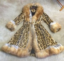 Leopard Print Full Length Coat Trimmed In Real Red Fox Fur Near Perfect Sz 8