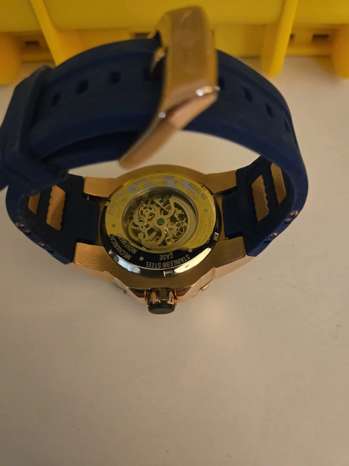 RoseGOLD Invicta Pro Diver 自动 Skeliton 蓝色金色硅胶表带潜水箱 — 第 4/4 张图片