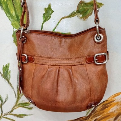 #Authentic FOSSIL Cognac Brown Leather  Pleated Crossbody/Shoulder Bag w Key