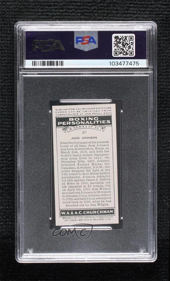 1938 Churchman's Boxing Personalities Tobacco Jack Johnson #20 PSA 6.5 - Image 2 of 3