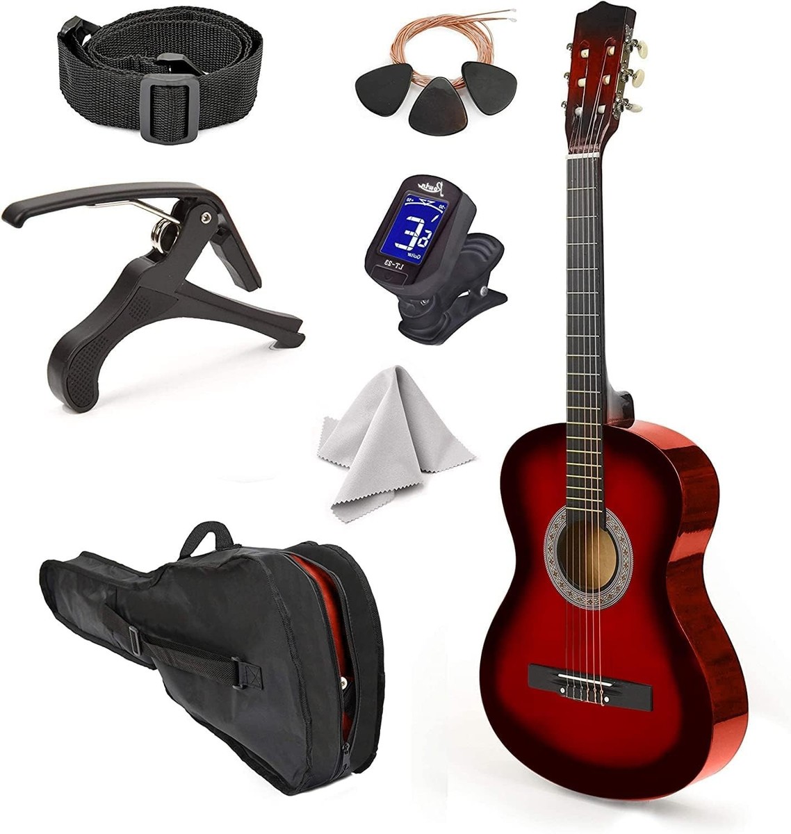 30-Inch Left-Handed Wooden Guitar Set for Beginners - Red Gradient