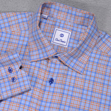 David Donahue Shirt Mens XL Blue Orange Plaid Button Up Long Sleeve