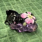 Fenton Purple Art Glass Cat Figurine Hand Painted Floral Signed, MPN 9350 JW