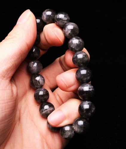Bracciale perle cristallo chiaro forte pietra di luna nera naturale 11,2 mm - Foto 4 di 6