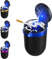 Car Ashtray with Lid, Detachable Stainless Smokeless Auto Ashtray with LED Blue