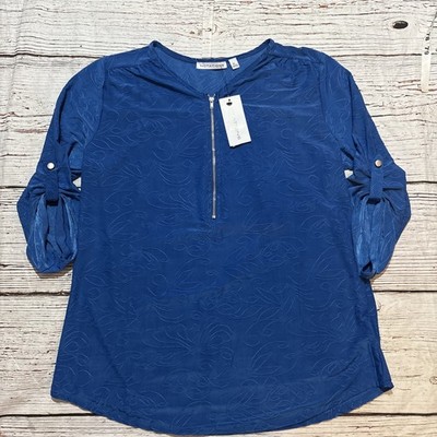 Notations Women's Blouse 1/2 Zip Front Roll-tab Sleeves Royal Blue Top Sz PM NEW