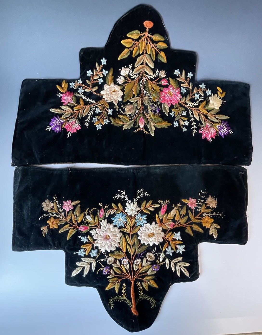 Pair of Antique 19th C. Hand Stitched Embroidered Black Velvet Panels Victorian