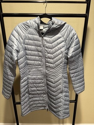 Columbia Powder Lite Mid Hooded Omni-Heat Jacket Sliver Long Puffer Coat Size M
