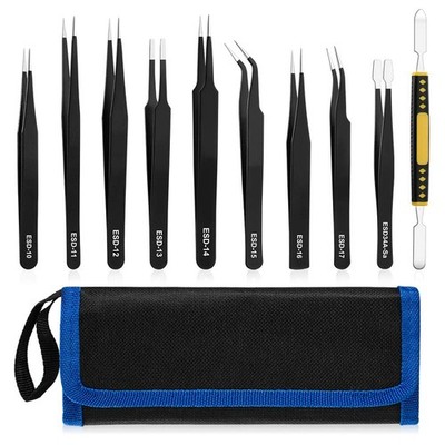 UUBAAR 10 PCS Precision Tweezers Set, Stainless Steel ESD Anti-Static Black