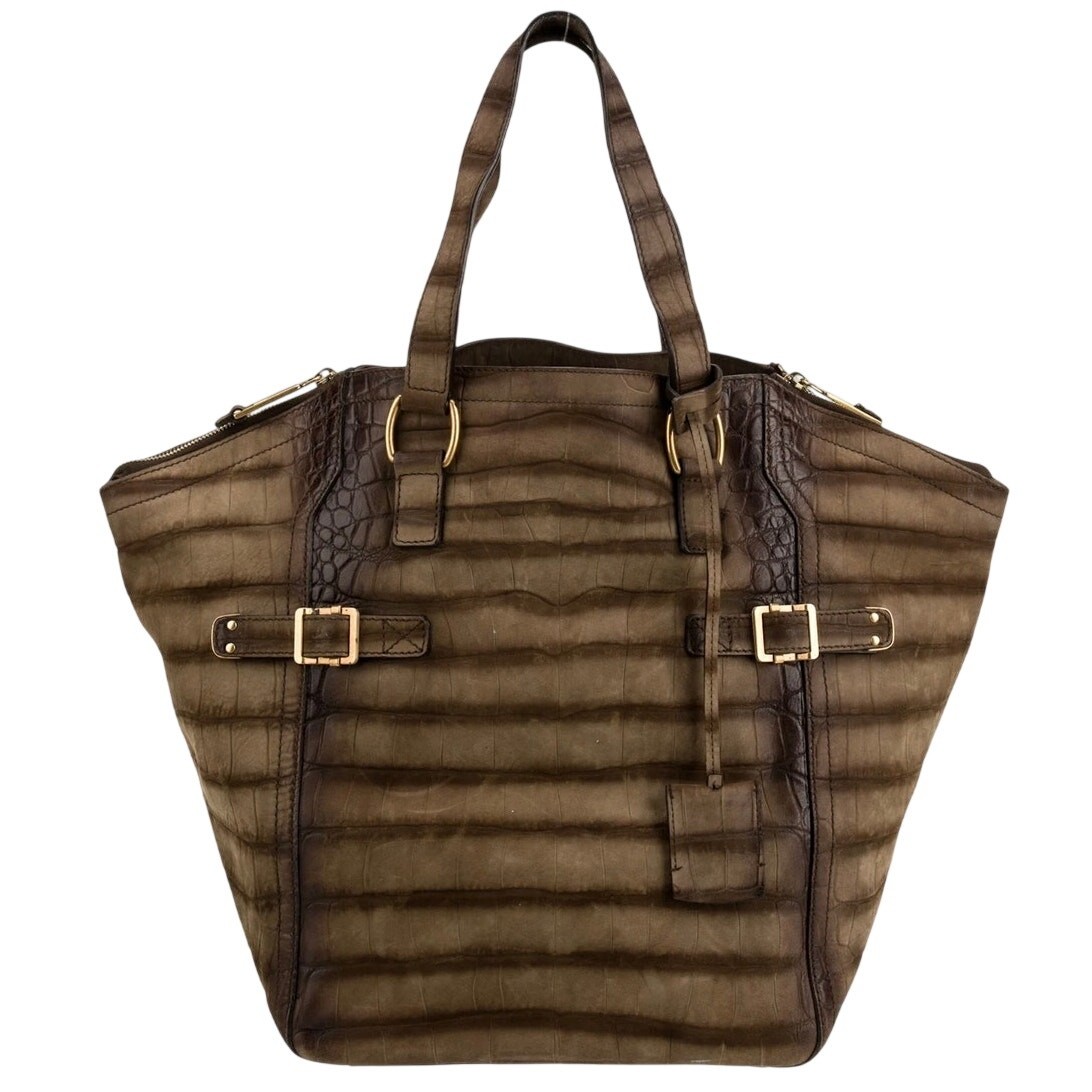 Yves Saint Laurent Vintage Croc Embossed Nubuck Downtown Bag Brown Designer