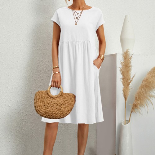 Women's Cotton Linen Short Sleeve A-Line Dress Summer Beach Holiday Sundress US - Picture 15 of 24