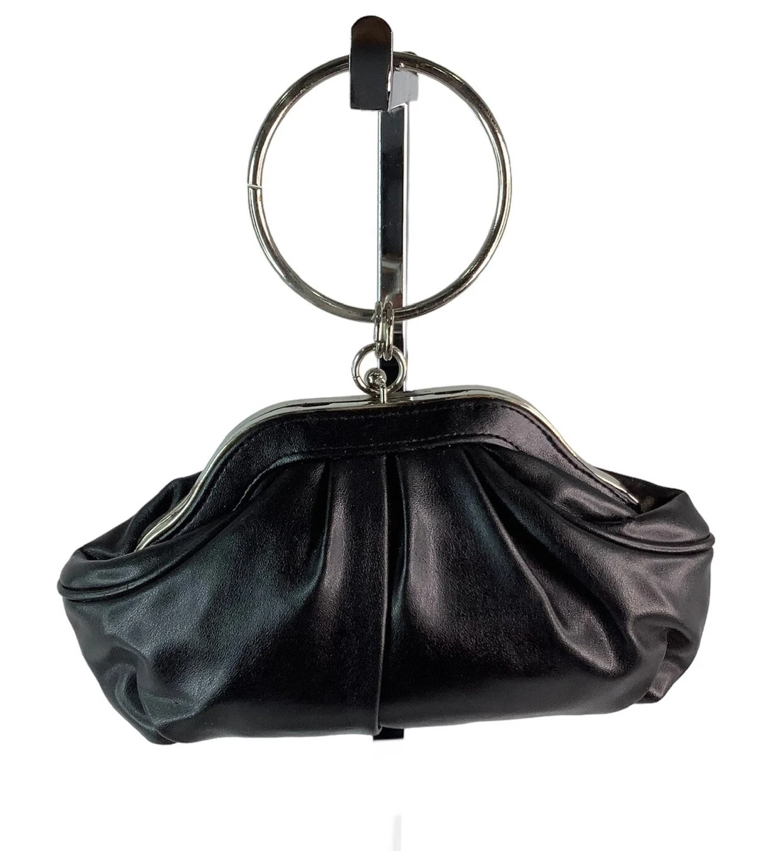 Aldo Black Ruched Leather Small Hand Held Metal Loop Clutch