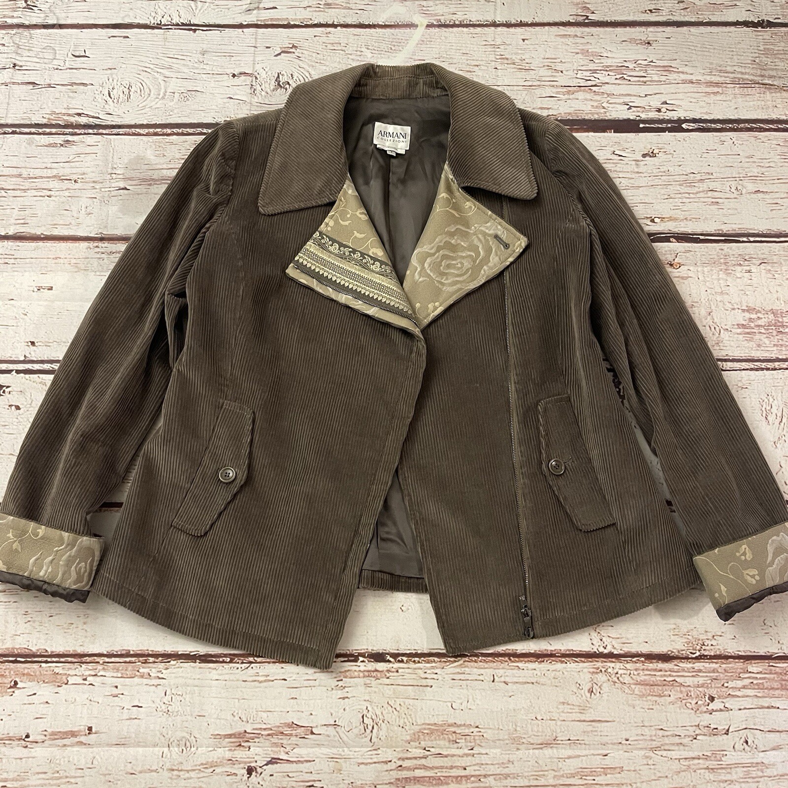 Armani Collezioni Light Brown Corduroy Moto Zip Jacket Size 8 Pockets