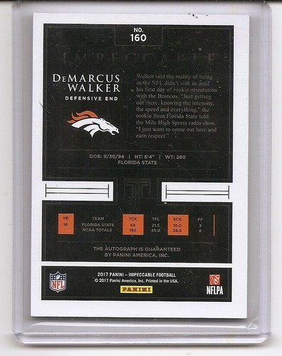 2017 Panini Impeccable DeMarcus Walker Platinum Auto Card 10/10 Denver Broncos - Picture 2 of 2
