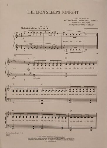 The Lion Sleeps Tonight Robert Schultz Piano Vocal Sheet Music - Picture 2 of 3