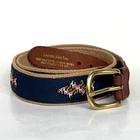 Leather Man Belt Navy / Tan Embroidered Fish Brass Buckle Sz 34 / Waist 31”-34”