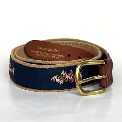 Leather Man Belt Navy / Tan Embroidered Fish Brass Buckle Sz 34 / Waist 31 -34 
