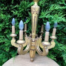 LUSTRE SUSPENSION ANCIEN BOIS DORÉ FEUILLE D’OR 6 branches  BE