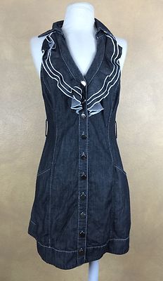 Mustard Seed Gray Denim Dress Ruffle Neck Chrome Buttons Pockets Size M |  eBay