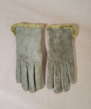 VINTAGE ISOTONER SAGE GREEN SUEDE LEATHER GLOVES FAUX FUR LINING WOMEN M