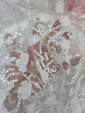 White Embroidery Floral Wedding Lace Fabric By Yard 3D Flower Iridescent Sequins