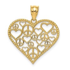 Real 14kt Yellow Gold Polished Hearts and Peace Signs in Heart Pendant