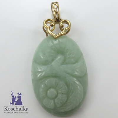 Schöner hellgrüner 375er Gelbgold Jade Vogel Blume Anhänger (E4083)