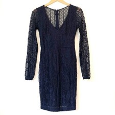 GUESS Floral Mix Lace Dress Solid Navy Blue Long Sleeve Mini Party Bodycon sz 0